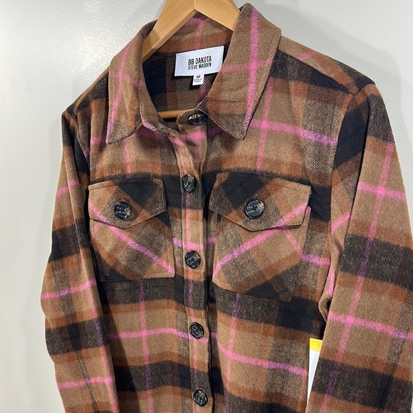 NWT BB Dakota Steve Madden Multicolor Pink Brown Plaid Utility Jacket Medium - Picture 2 of 11